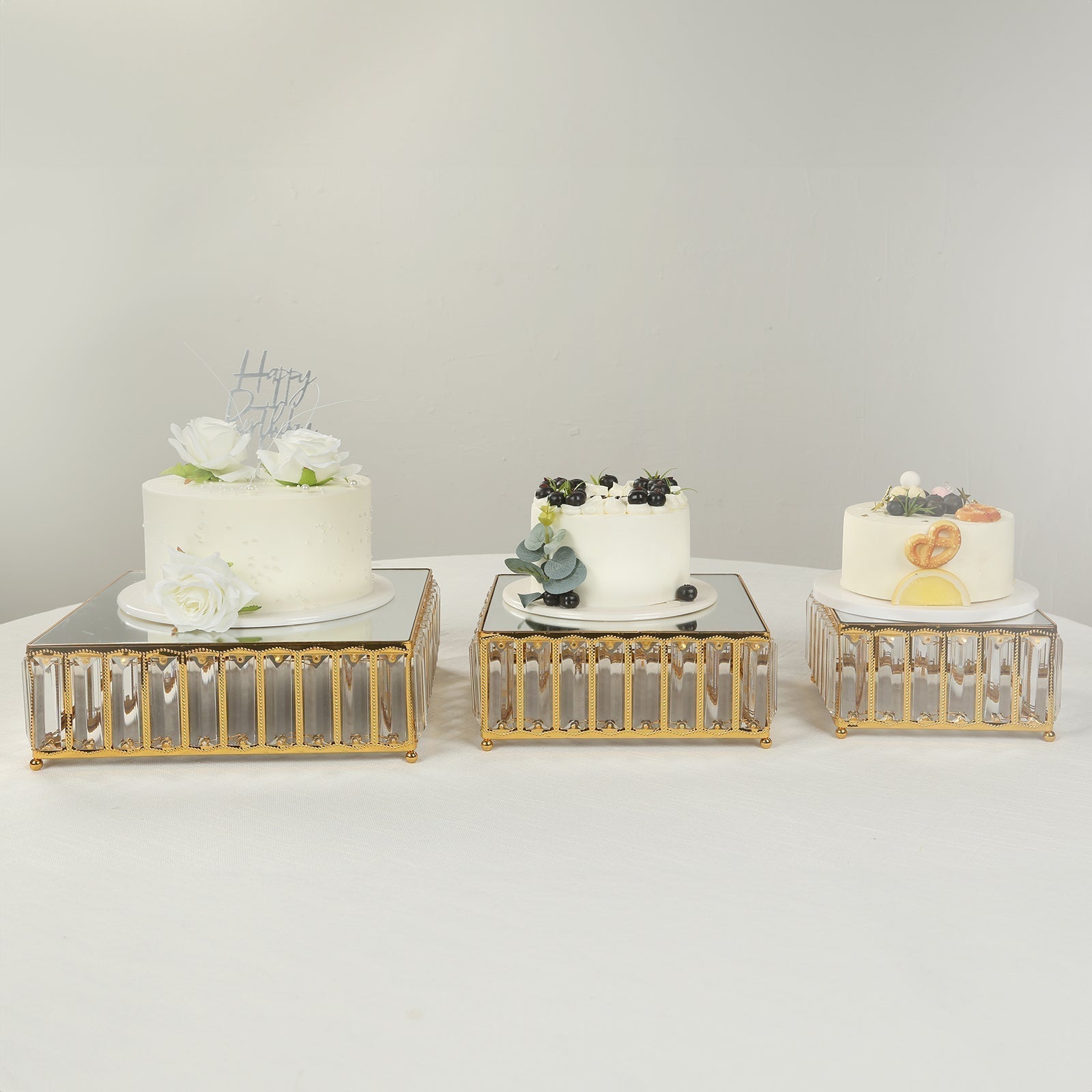 Set of 3 Gold Metal Crystal Pendant Cake Stands with Mirror Top, Stackable Square Dessert Display Trays - 7",10",12" - Bell Racket Store