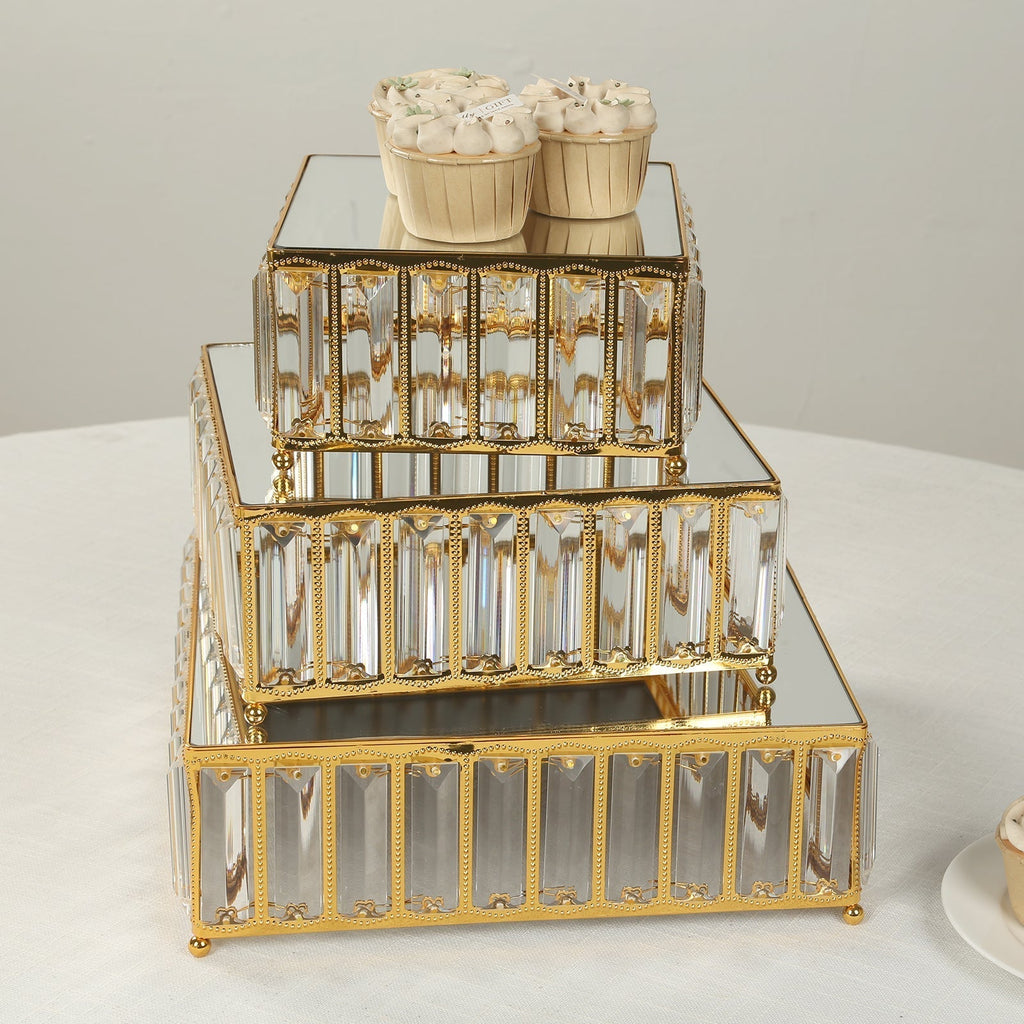 Set of 3 Gold Metal Crystal Pendant Cake Stands with Mirror Top, Stackable Square Dessert Display Trays - 7",10",12" - Bell Racket Store