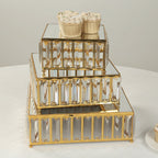 Set of 3 Gold Metal Crystal Pendant Cake Stands with Mirror Top, Stackable Square Dessert Display Trays - 7",10",12" - Bell Racket Store