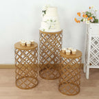 Set of 3 Gold Metal Cylinder Pillar Cake Display Stands, Round Mesh Plinth Pedestal Stand in Hollow Overlapping Circles Pattern - 22",24",30" - Bell Racket Store