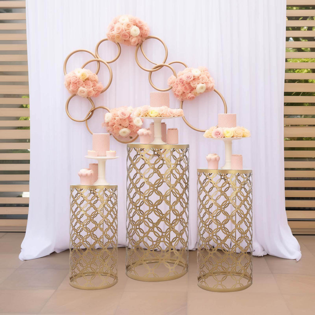 Set of 3 Gold Metal Cylinder Pillar Cake Display Stands, Round Mesh Plinth Pedestal Stand in Hollow Overlapping Circles Pattern - 22",24",30" - Bell Racket Store
