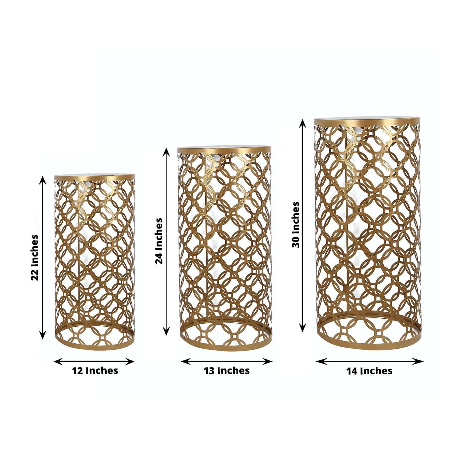 Set of 3 Gold Metal Cylinder Pillar Cake Display Stands, Round Mesh Plinth Pedestal Stand in Hollow Overlapping Circles Pattern - 22",24",30" - Bell Racket Store