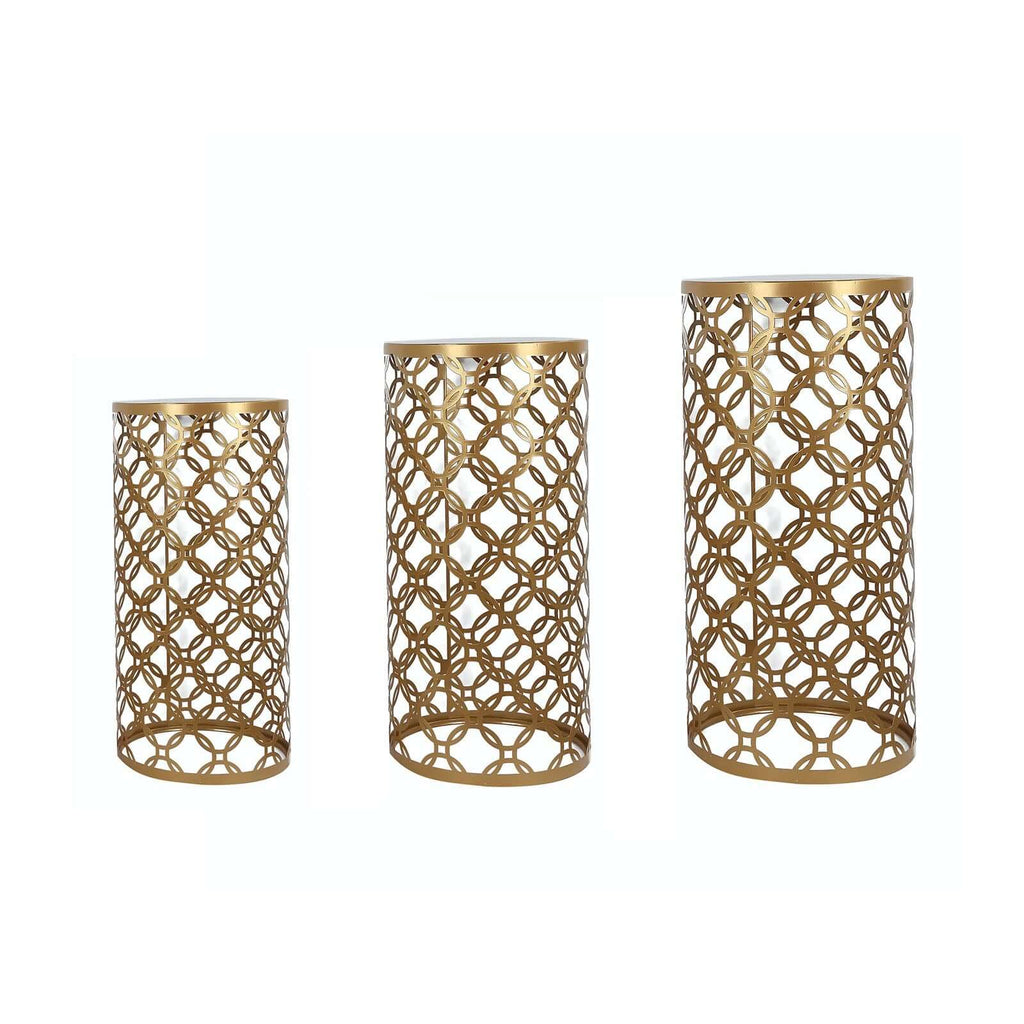 Set of 3 Gold Metal Cylinder Pillar Cake Display Stands, Round Mesh Plinth Pedestal Stand in Hollow Overlapping Circles Pattern - 22",24",30" - Bell Racket Store