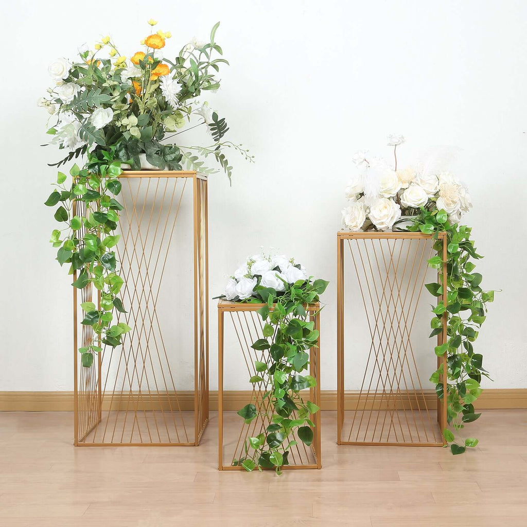 Set of 3 Gold Metal Rectangular Plant Stands with Geometric Crossed Lines Pattern, Nesting Cake Dessert Tables Floral Display Stands - 19",27",35" - Bell Racket Store