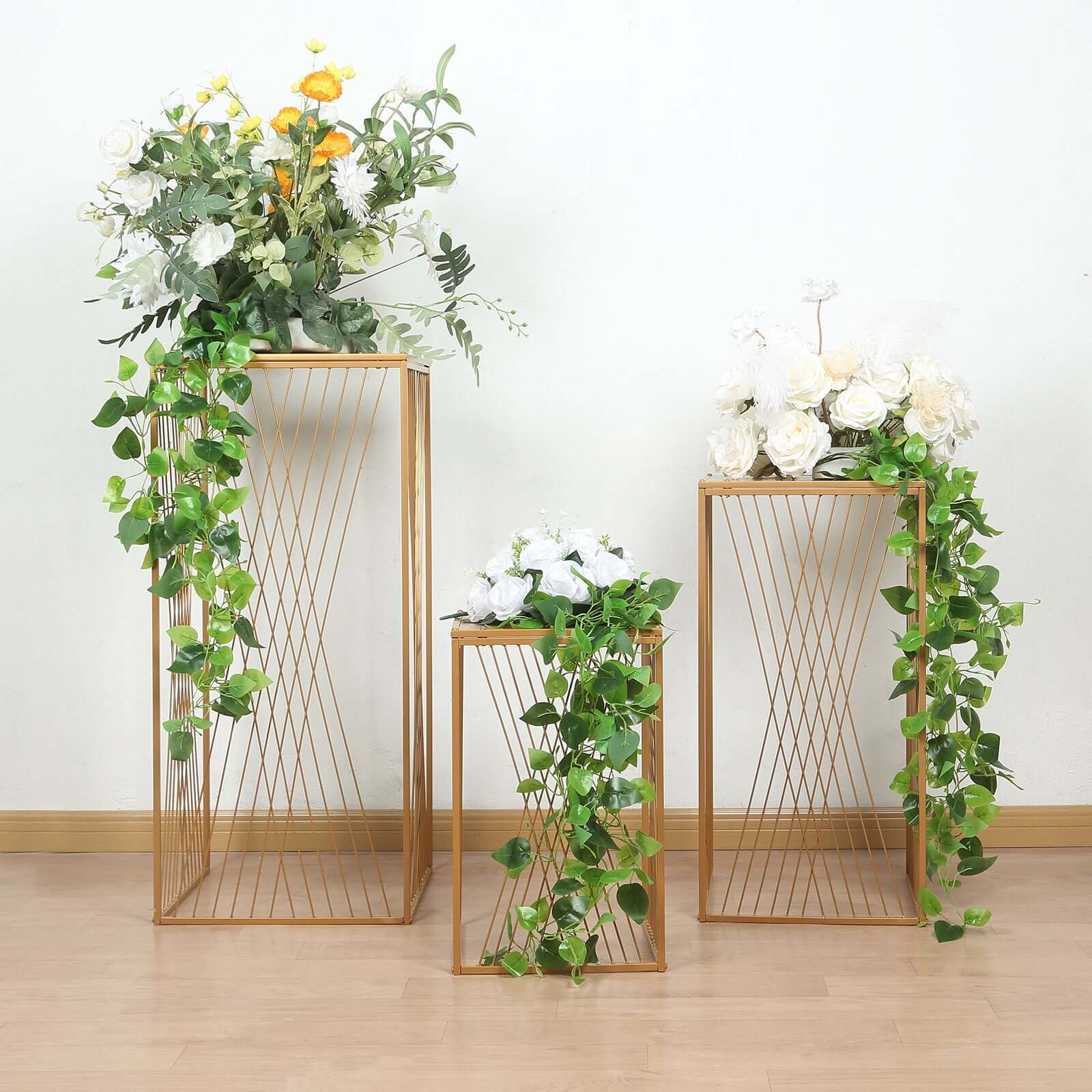 Set of 3 Gold Metal Rectangular Plant Stands with Geometric Crossed Lines Pattern, Nesting Cake Dessert Tables Floral Display Stands - 19",27",35" - Bell Racket Store