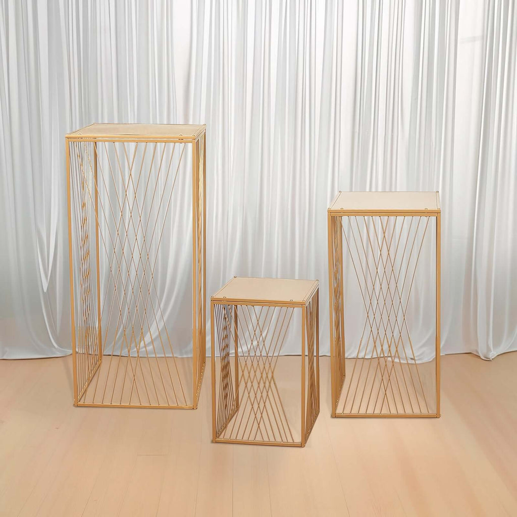 Set of 3 Gold Metal Rectangular Plant Stands with Geometric Crossed Lines Pattern, Nesting Cake Dessert Tables Floral Display Stands - 19",27",35" - Bell Racket Store