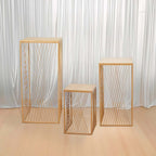 Set of 3 Gold Metal Rectangular Plant Stands with Geometric Crossed Lines Pattern, Nesting Cake Dessert Tables Floral Display Stands - 19",27",35" - Bell Racket Store