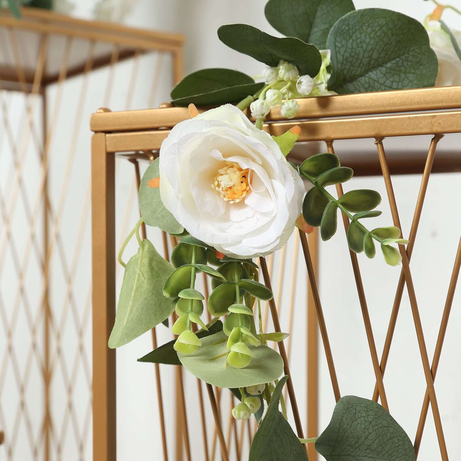 Set of 3 Gold Metal Rectangular Plant Stands with Geometric Crossed Lines Pattern, Nesting Cake Dessert Tables Floral Display Stands - 19",27",35" - Bell Racket Store