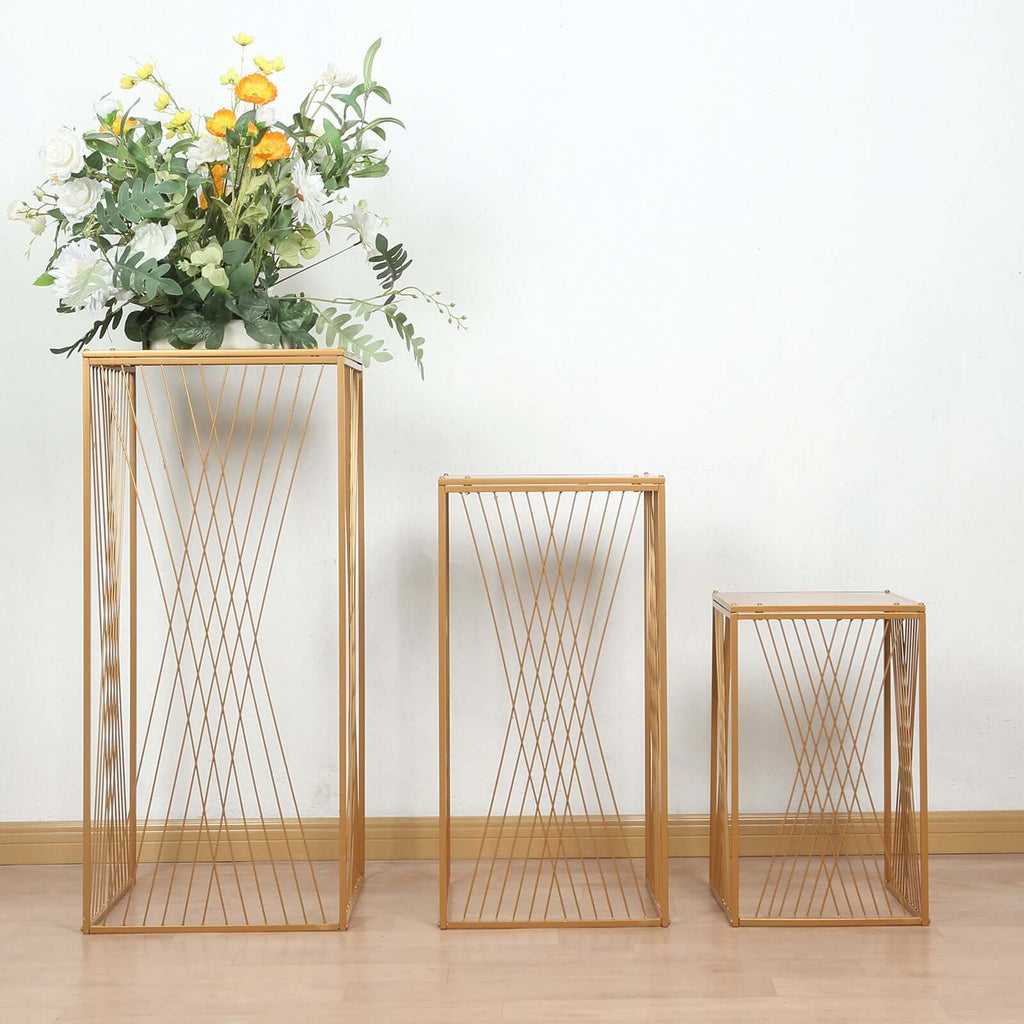 Set of 3 Gold Metal Rectangular Plant Stands with Geometric Crossed Lines Pattern, Nesting Cake Dessert Tables Floral Display Stands - 19",27",35" - Bell Racket Store