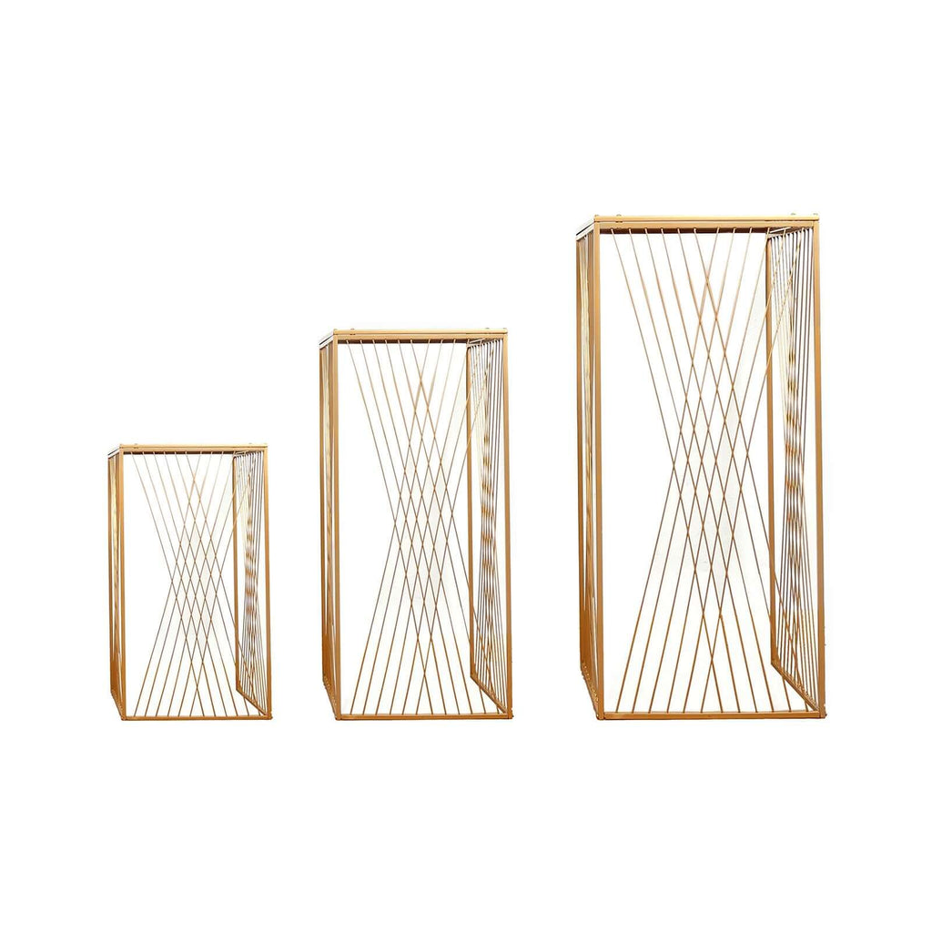 Set of 3 Gold Metal Rectangular Plant Stands with Geometric Crossed Lines Pattern, Nesting Cake Dessert Tables Floral Display Stands - 19",27",35" - Bell Racket Store