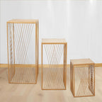 Set of 3 Gold Metal Rectangular Plant Stands with Geometric Crossed Lines Pattern, Nesting Cake Dessert Tables Floral Display Stands - 19",27",35" - Bell Racket Store