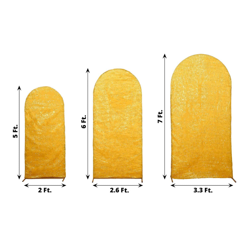 Set of 3 Gold Metallic Fringe Chiara Wedding Arch Covers, Fitted Covers For Round Top Backdrop Stands - 5ft, 6ft, 7ft - Bell Racket Store