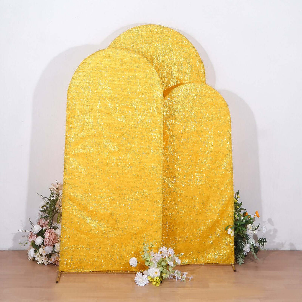 Set of 3 Gold Metallic Fringe Chiara Wedding Arch Covers, Fitted Covers For Round Top Backdrop Stands - 5ft, 6ft, 7ft - Bell Racket Store