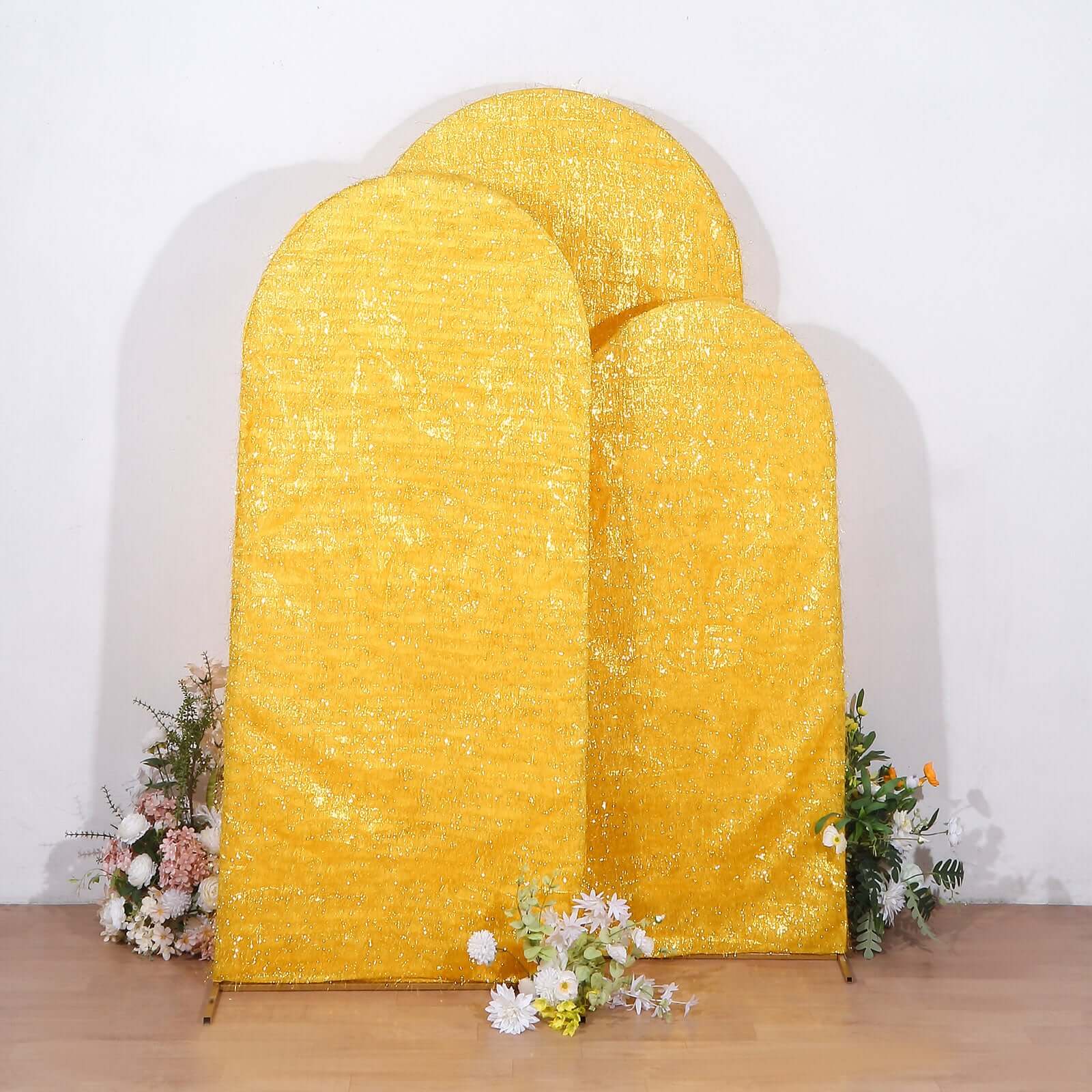 Set of 3 Gold Metallic Fringe Chiara Wedding Arch Covers, Fitted Covers For Round Top Backdrop Stands - 5ft, 6ft, 7ft - Bell Racket Store