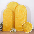 Set of 3 Gold Metallic Fringe Chiara Wedding Arch Covers, Fitted Covers For Round Top Backdrop Stands - 5ft, 6ft, 7ft - Bell Racket Store