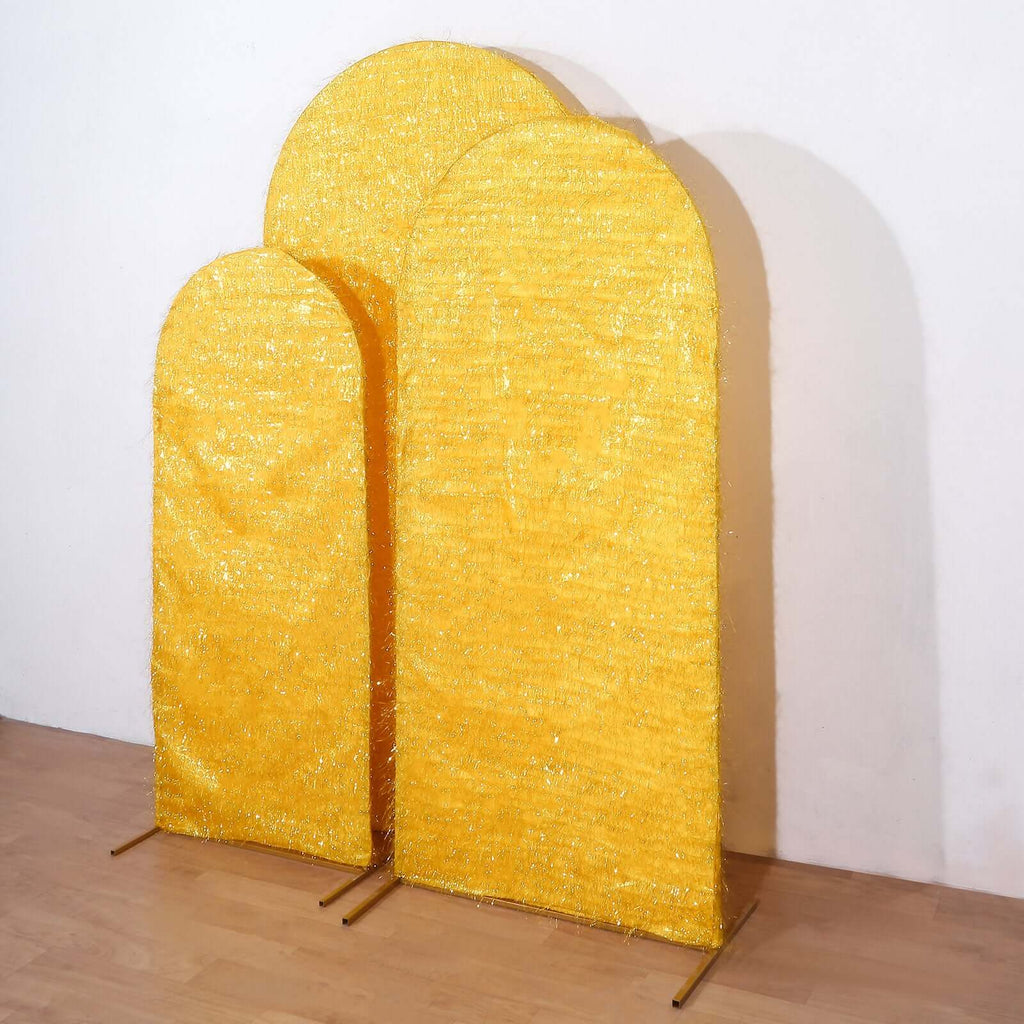 Set of 3 Gold Metallic Fringe Chiara Wedding Arch Covers, Fitted Covers For Round Top Backdrop Stands - 5ft, 6ft, 7ft - Bell Racket Store