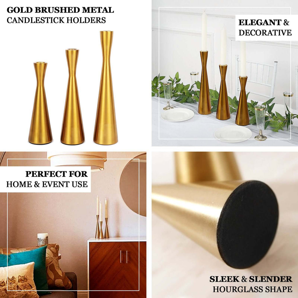 Set of 3 Hourglass Taper Candle Holders Gold Metal Nordic European Design - Tabletop Decor 8", 9", 11" - Bell Racket Store