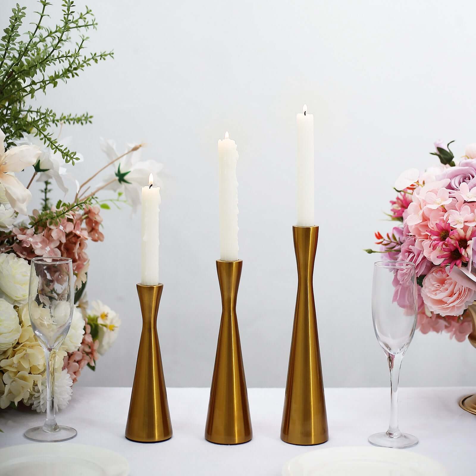 Set of 3 Hourglass Taper Candle Holders Gold Metal Nordic European Design - Tabletop Decor 8", 9", 11" - Bell Racket Store