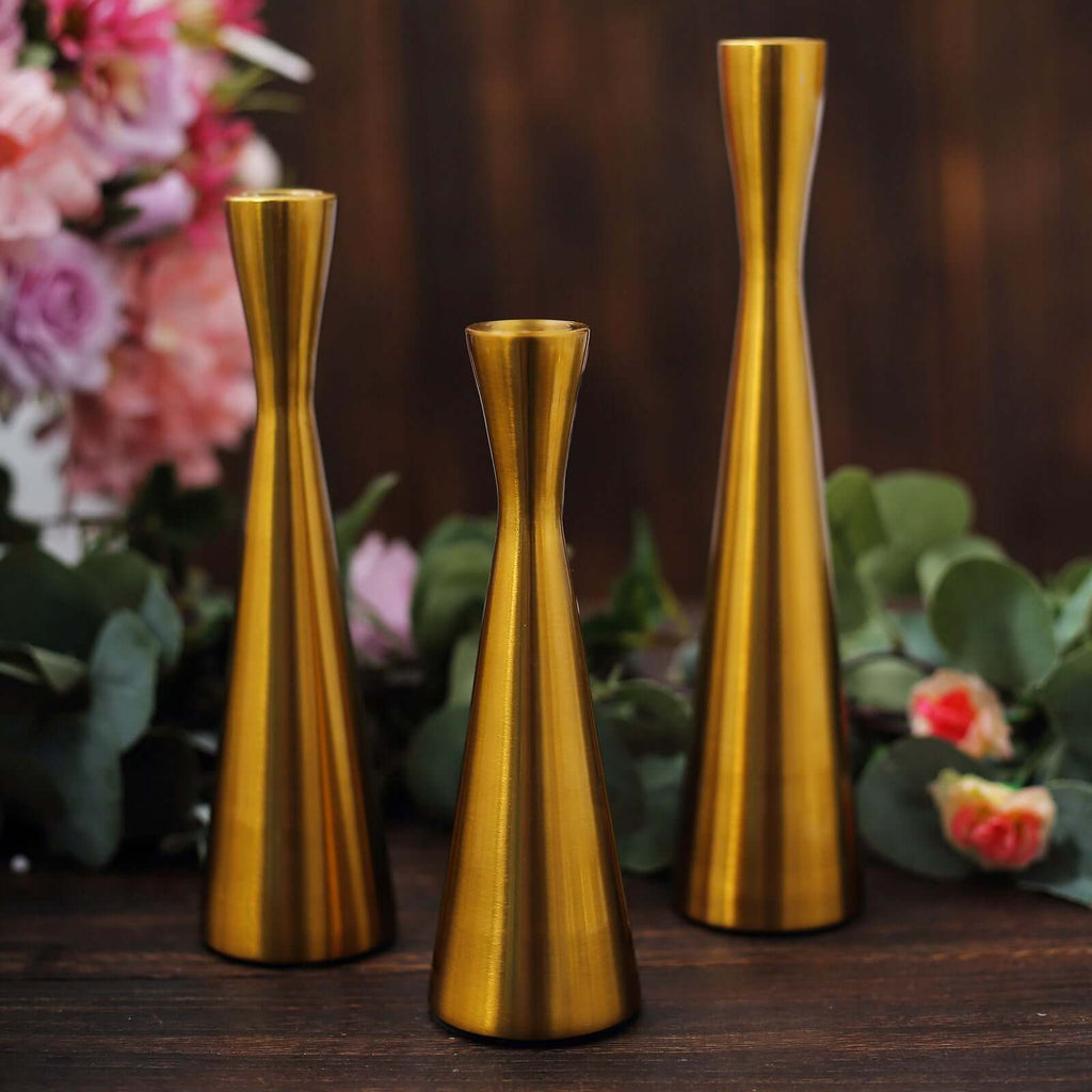 Set of 3 Hourglass Taper Candle Holders Gold Metal Nordic European Design - Tabletop Decor 8", 9", 11" - Bell Racket Store