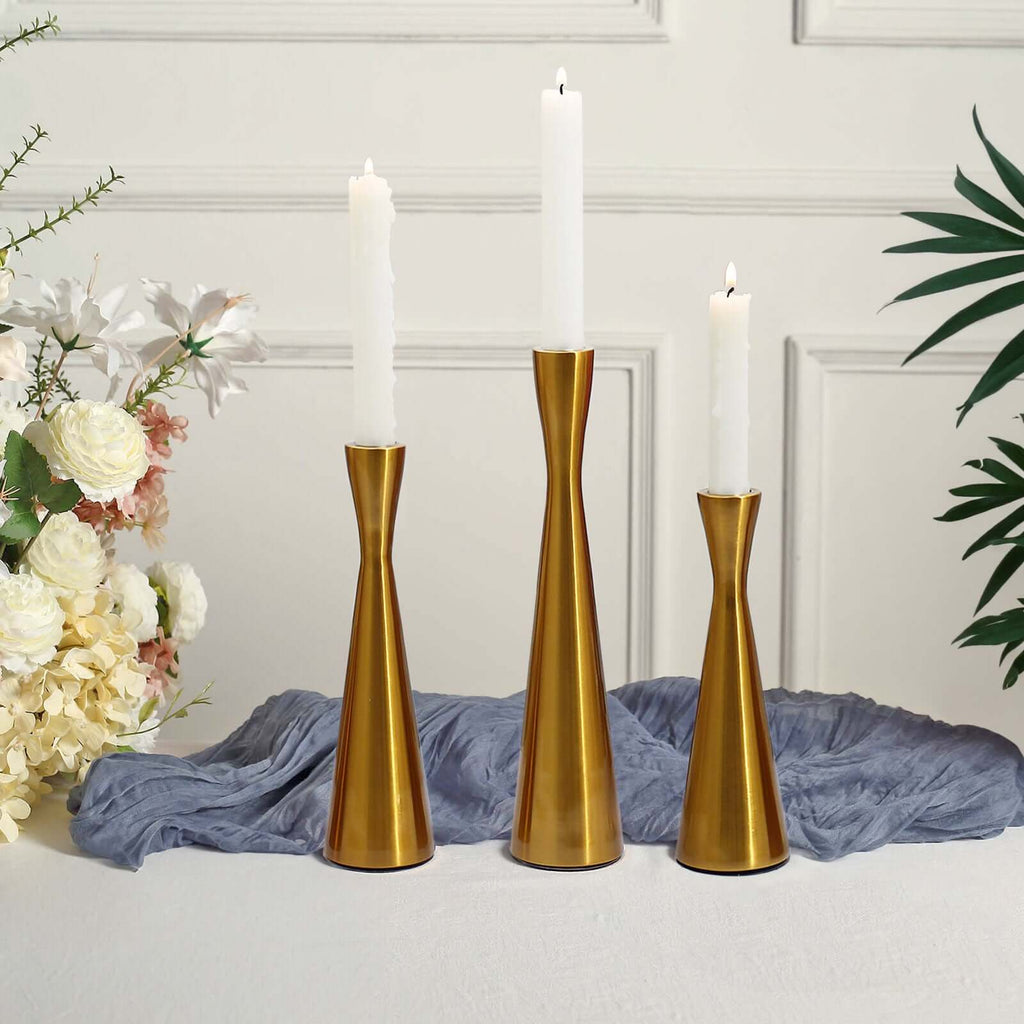 Set of 3 Hourglass Taper Candle Holders Gold Metal Nordic European Design - Tabletop Decor 8", 9", 11" - Bell Racket Store
