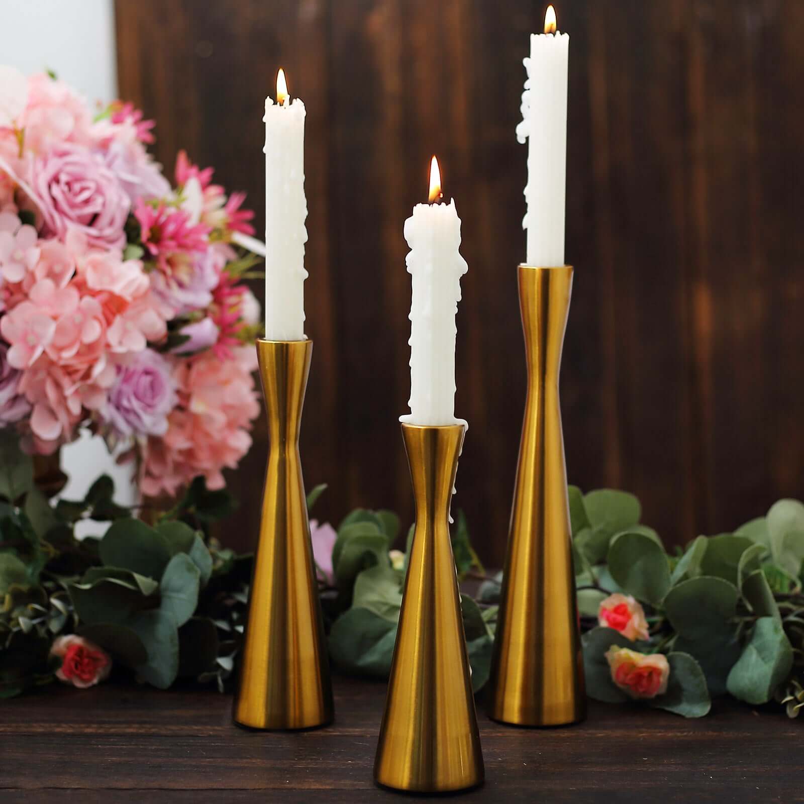 Set of 3 Hourglass Taper Candle Holders Gold Metal Nordic European Design - Tabletop Decor 8", 9", 11" - Bell Racket Store