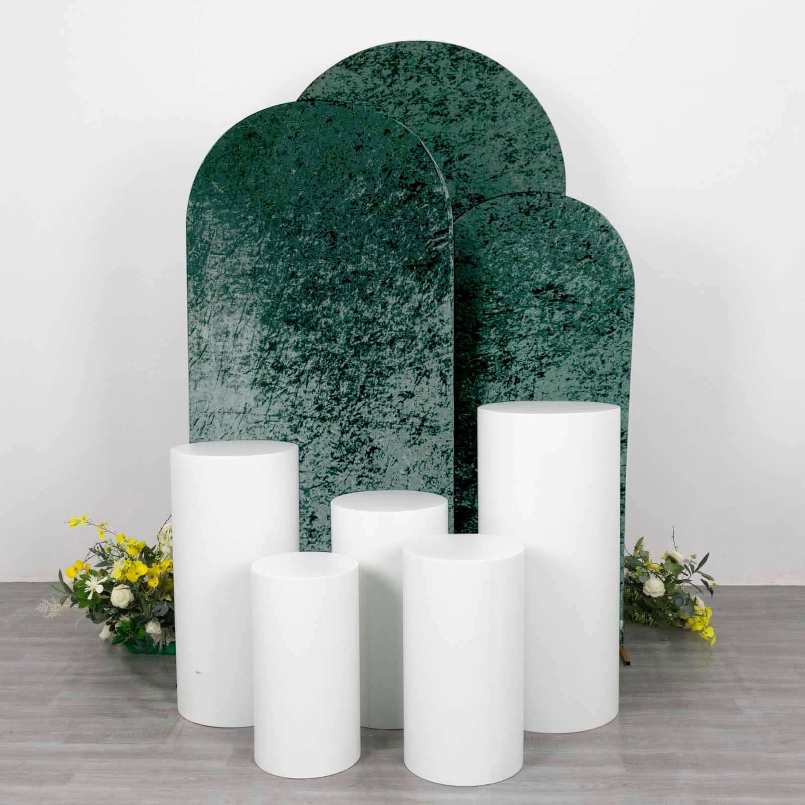Set of 3 Hunter Emerald Green Crushed Velvet Chiara Backdrop Stand Covers For Round Top Wedding Arches - 5ft, 6ft, 7ft - Bell Racket Store