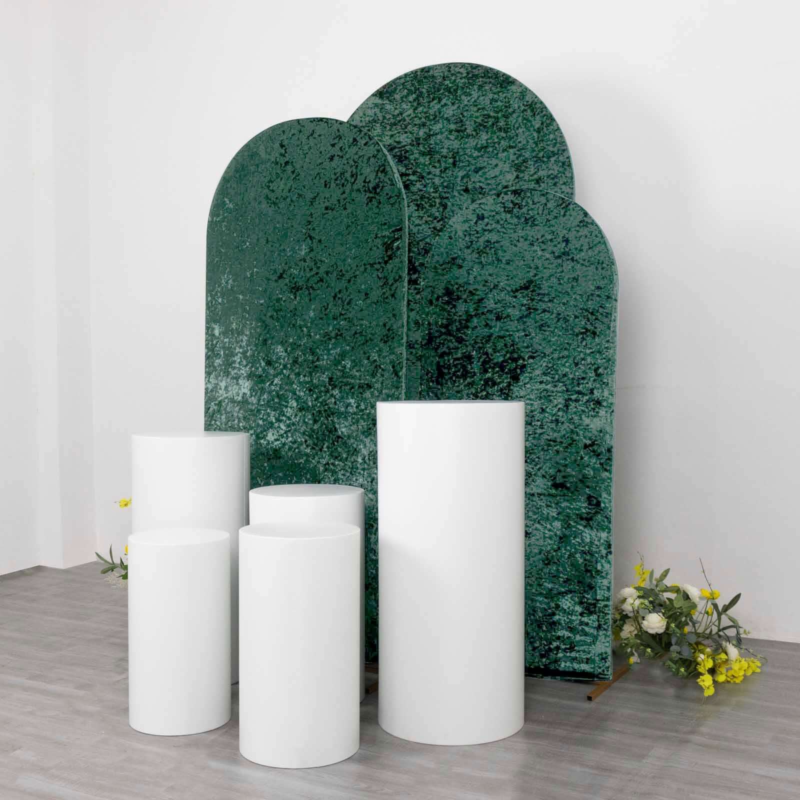 Set of 3 Hunter Emerald Green Crushed Velvet Chiara Backdrop Stand Covers For Round Top Wedding Arches - 5ft, 6ft, 7ft - Bell Racket Store