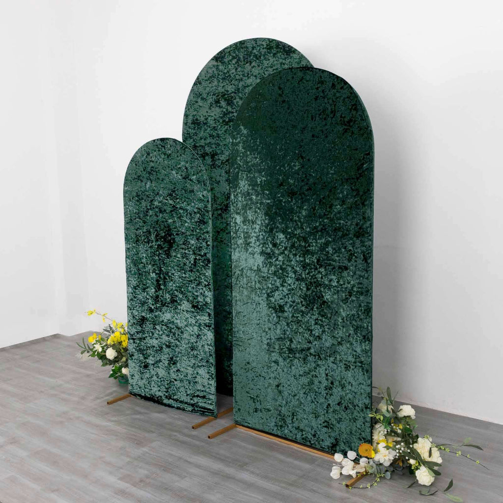 Set of 3 Hunter Emerald Green Crushed Velvet Chiara Backdrop Stand Covers For Round Top Wedding Arches - 5ft, 6ft, 7ft - Bell Racket Store