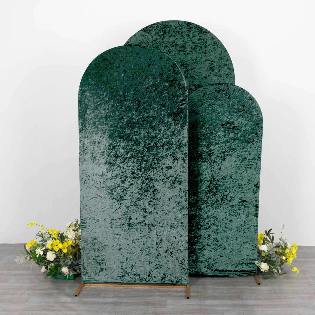 Set of 3 Hunter Emerald Green Crushed Velvet Chiara Backdrop Stand Covers For Round Top Wedding Arches - 5ft, 6ft, 7ft - Bell Racket Store