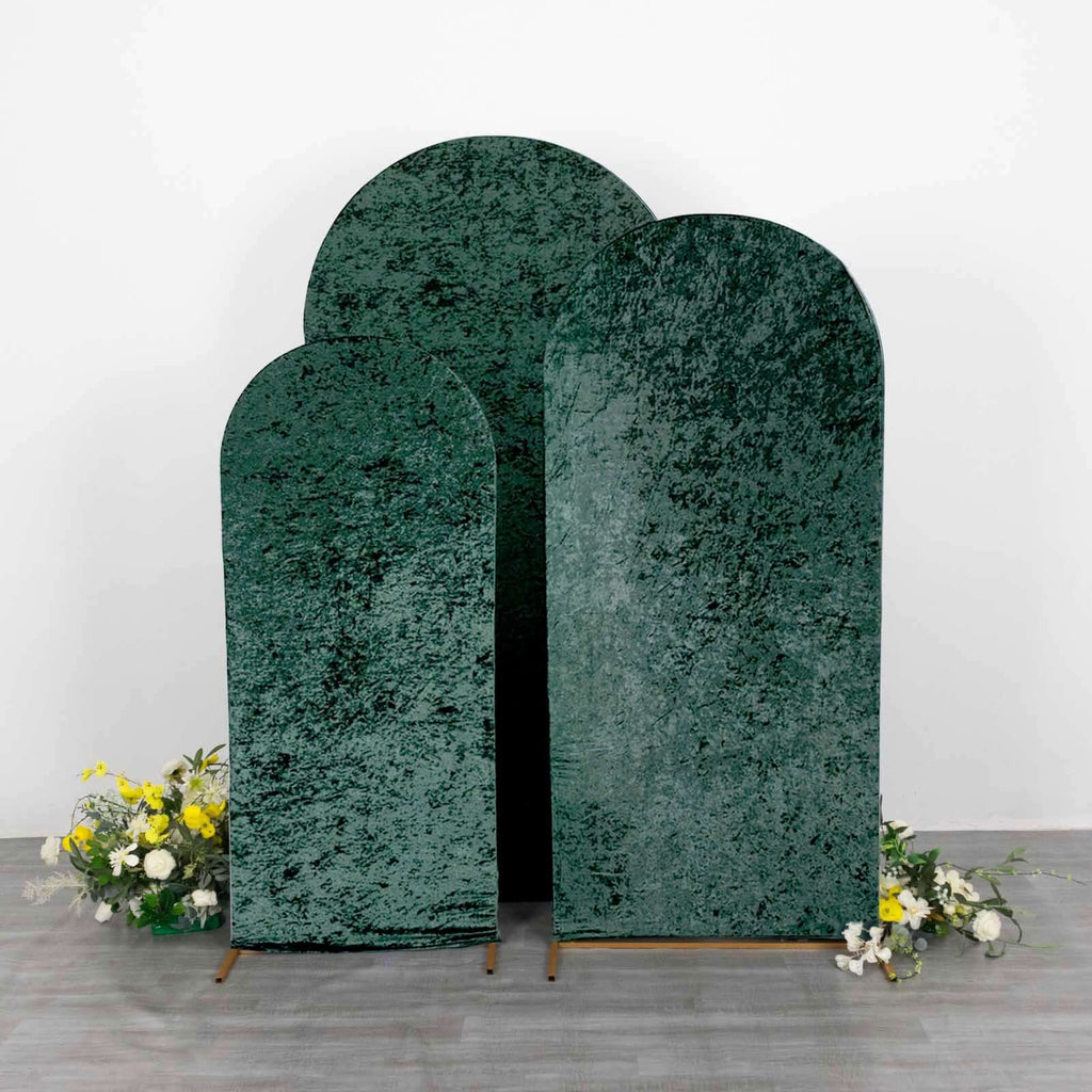 Set of 3 Hunter Emerald Green Crushed Velvet Chiara Backdrop Stand Covers For Round Top Wedding Arches - 5ft, 6ft, 7ft - Bell Racket Store