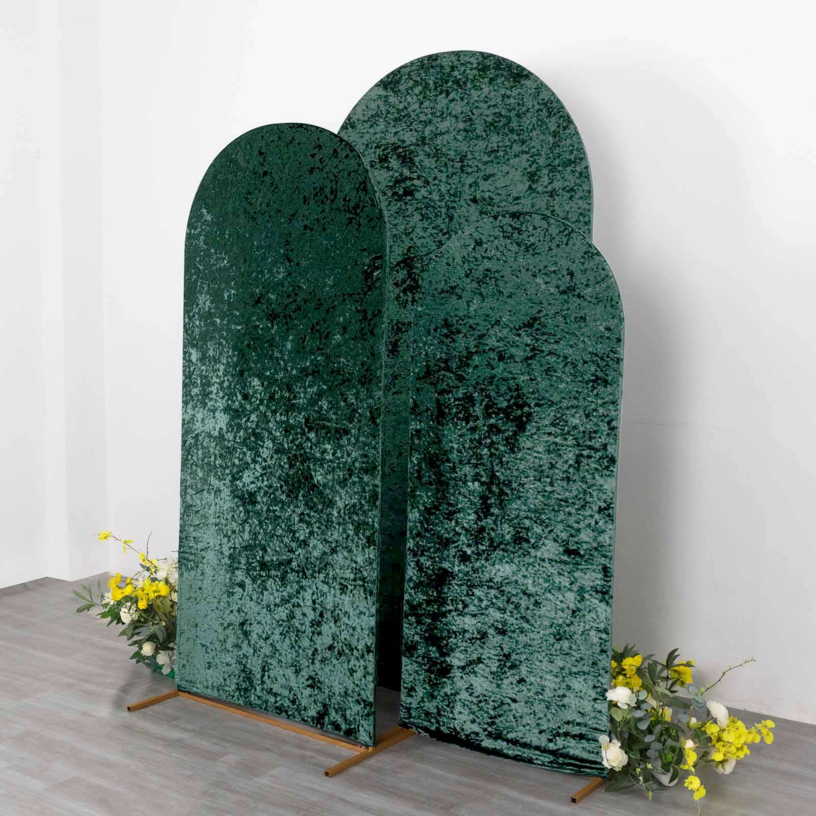 Set of 3 Hunter Emerald Green Crushed Velvet Chiara Backdrop Stand Covers For Round Top Wedding Arches - 5ft, 6ft, 7ft - Bell Racket Store