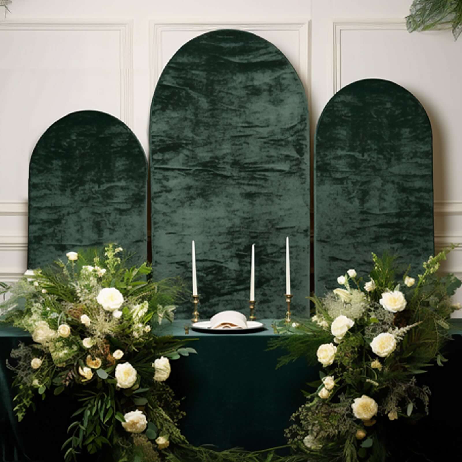 Set of 3 Hunter Emerald Green Crushed Velvet Chiara Backdrop Stand Covers For Round Top Wedding Arches - 5ft, 6ft, 7ft - Bell Racket Store