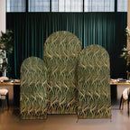 Set of 3 Hunter Emerald Green Wave Mesh Chiara Wedding Arch Covers With Gold Embroidered Sequins, Fitted Covers For Round Top Backdrop Stands - 5ft,6ft,7ft - Bell Racket Store