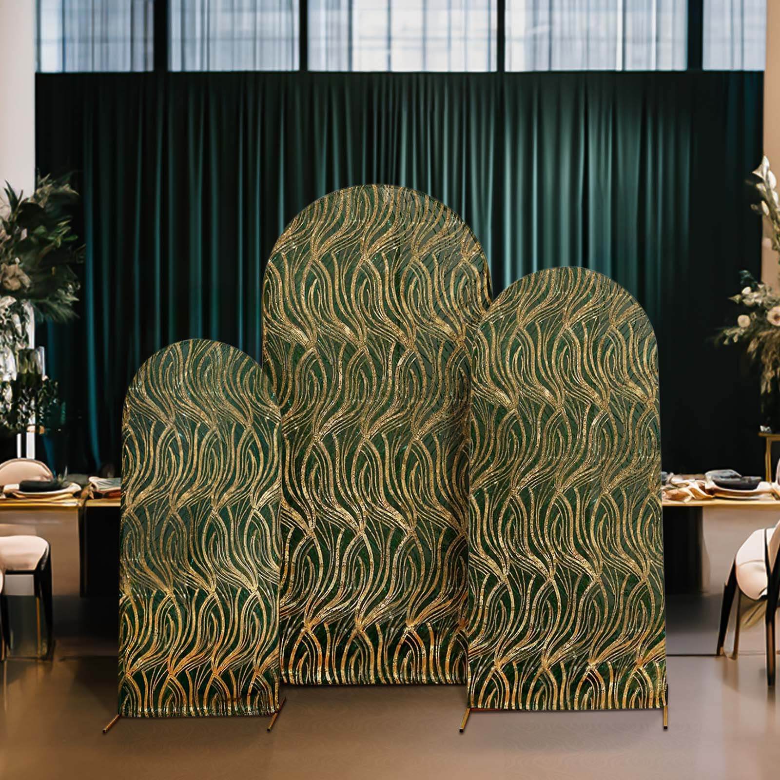 Set of 3 Hunter Emerald Green Wave Mesh Chiara Wedding Arch Covers With Gold Embroidered Sequins, Fitted Covers For Round Top Backdrop Stands - 5ft,6ft,7ft - Bell Racket Store