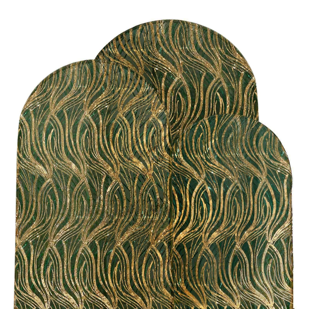 Set of 3 Hunter Emerald Green Wave Mesh Chiara Wedding Arch Covers With Gold Embroidered Sequins, Fitted Covers For Round Top Backdrop Stands - 5ft,6ft,7ft - Bell Racket Store