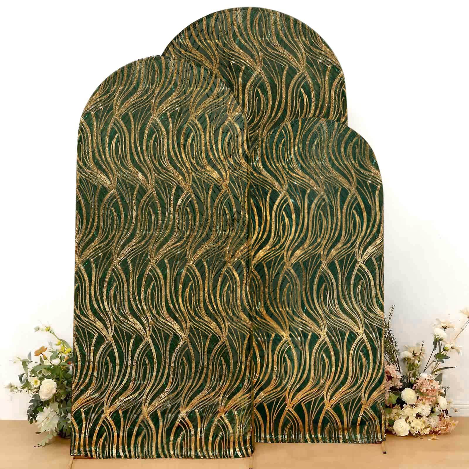 Set of 3 Hunter Emerald Green Wave Mesh Chiara Wedding Arch Covers With Gold Embroidered Sequins, Fitted Covers For Round Top Backdrop Stands - 5ft,6ft,7ft - Bell Racket Store