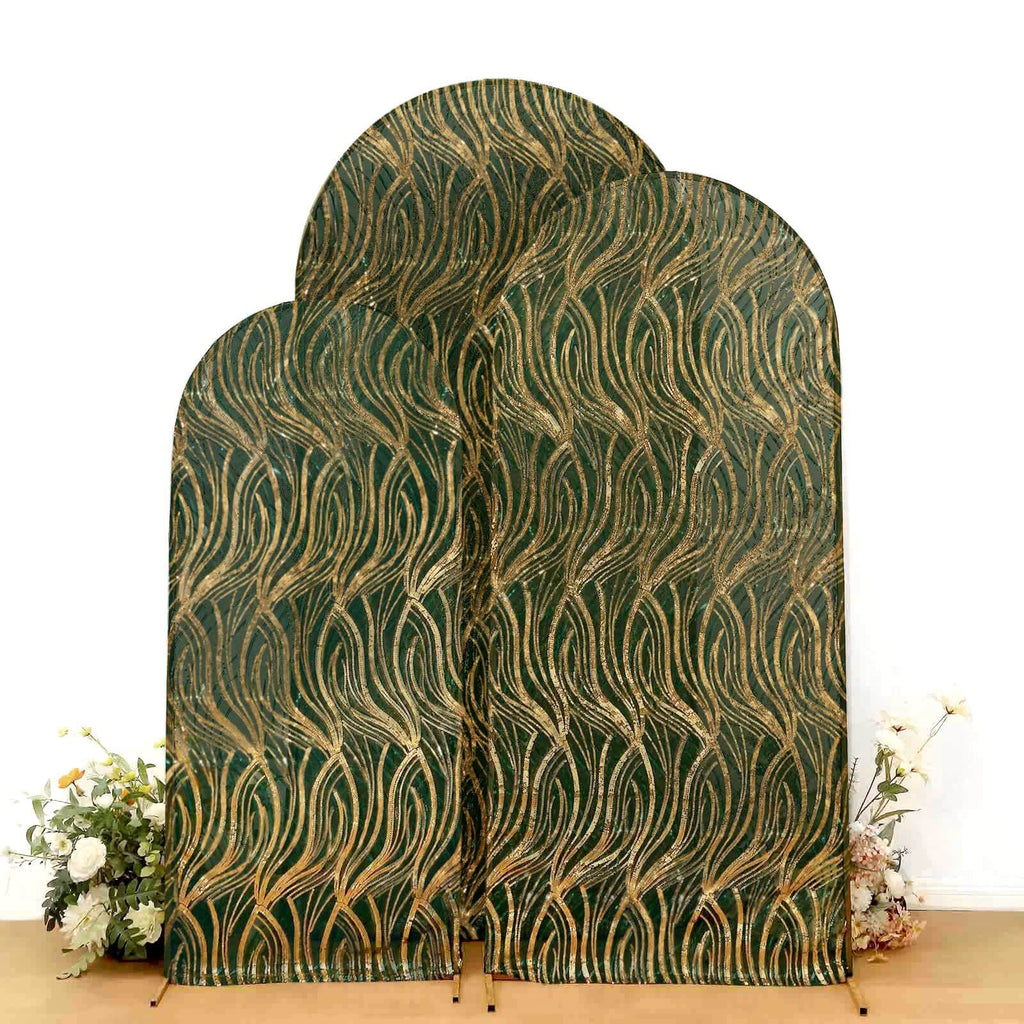 Set of 3 Hunter Emerald Green Wave Mesh Chiara Wedding Arch Covers With Gold Embroidered Sequins, Fitted Covers For Round Top Backdrop Stands - 5ft,6ft,7ft - Bell Racket Store