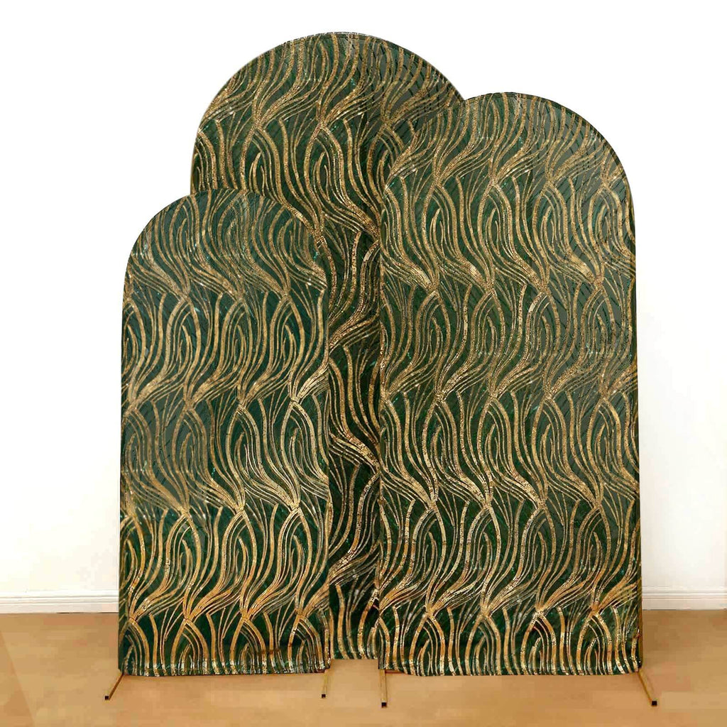 Set of 3 Hunter Emerald Green Wave Mesh Chiara Wedding Arch Covers With Gold Embroidered Sequins, Fitted Covers For Round Top Backdrop Stands - 5ft,6ft,7ft - Bell Racket Store