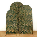 Set of 3 Hunter Emerald Green Wave Mesh Chiara Wedding Arch Covers With Gold Embroidered Sequins, Fitted Covers For Round Top Backdrop Stands - 5ft,6ft,7ft - Bell Racket Store