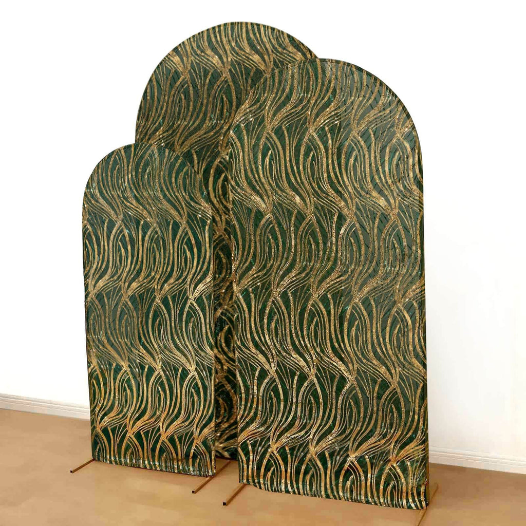 Set of 3 Hunter Emerald Green Wave Mesh Chiara Wedding Arch Covers With Gold Embroidered Sequins, Fitted Covers For Round Top Backdrop Stands - 5ft,6ft,7ft - Bell Racket Store