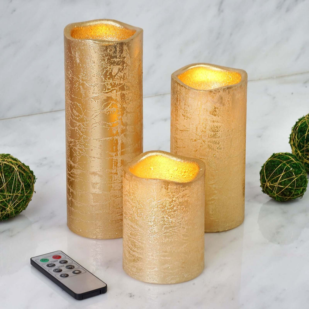 Set of 3 LED Flameless Pillar Candles Remote Operated Metallic Gold - Battery Powered 4", 6", 8"