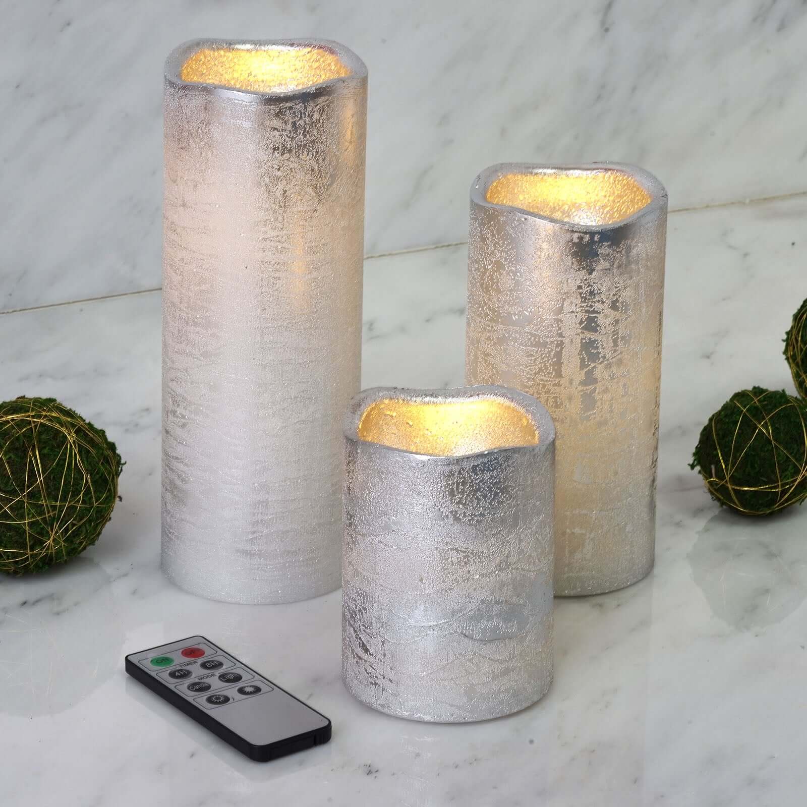 Set of 3 LED Flameless Pillar Candles Remote Operated Metallic Silver - Battery Powered 4", 6", 8"