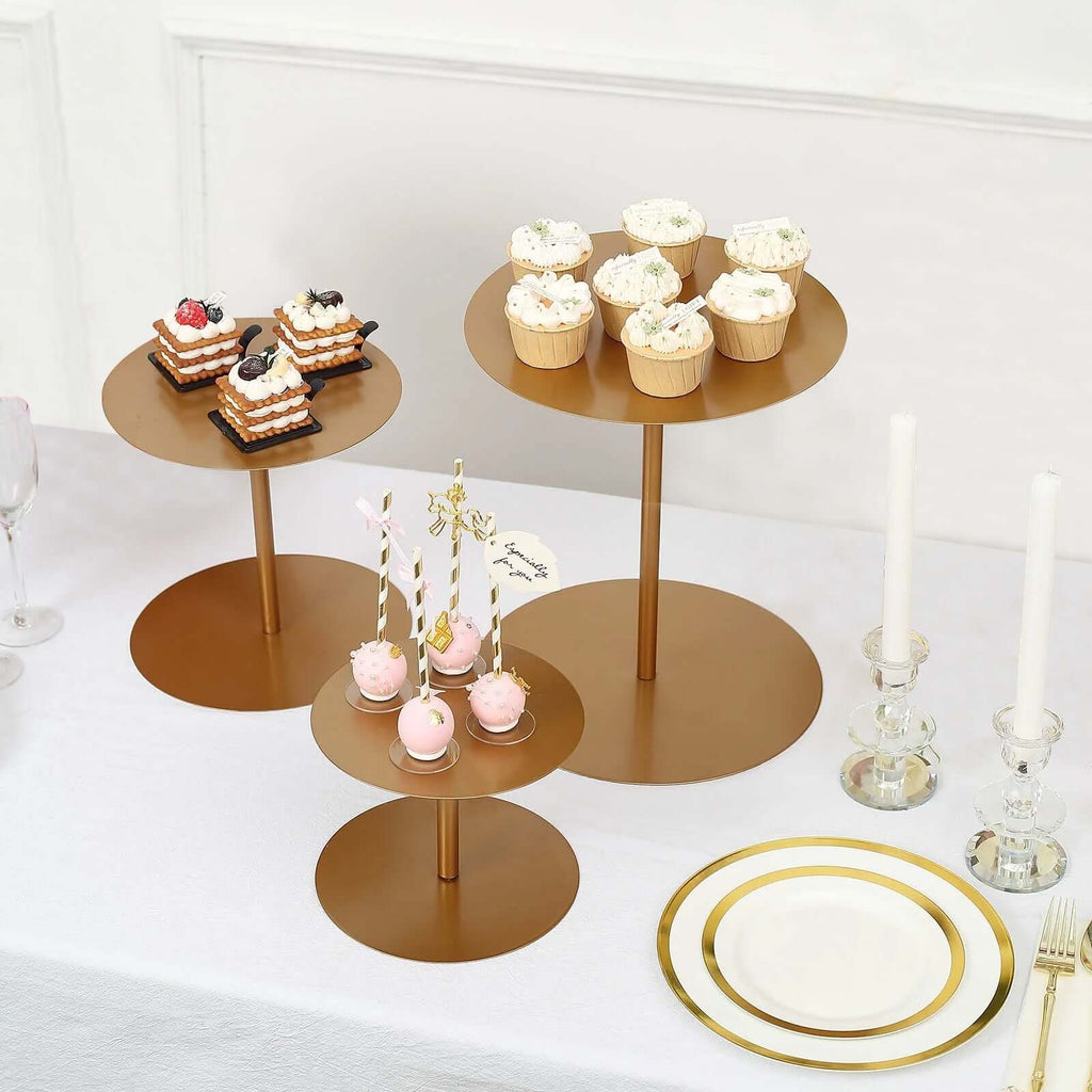 Set of 3 Metal Pedestal Cake Stands Heavy Duty Round Design Gold - Cupcake Dessert Display Props 8", 10", 12" - Bell Racket Store
