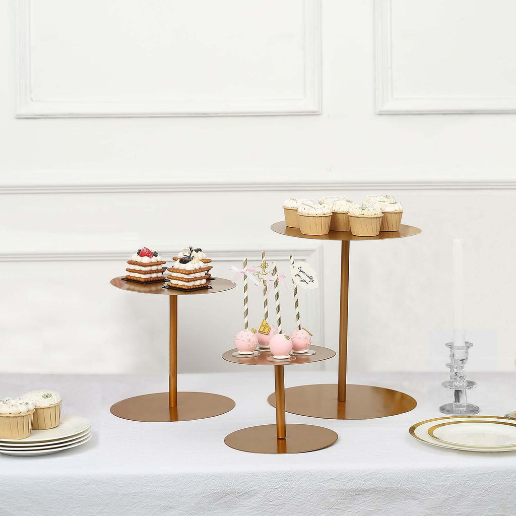 Set of 3 Metal Pedestal Cake Stands Heavy Duty Round Design Gold - Cupcake Dessert Display Props 8", 10", 12" - Bell Racket Store