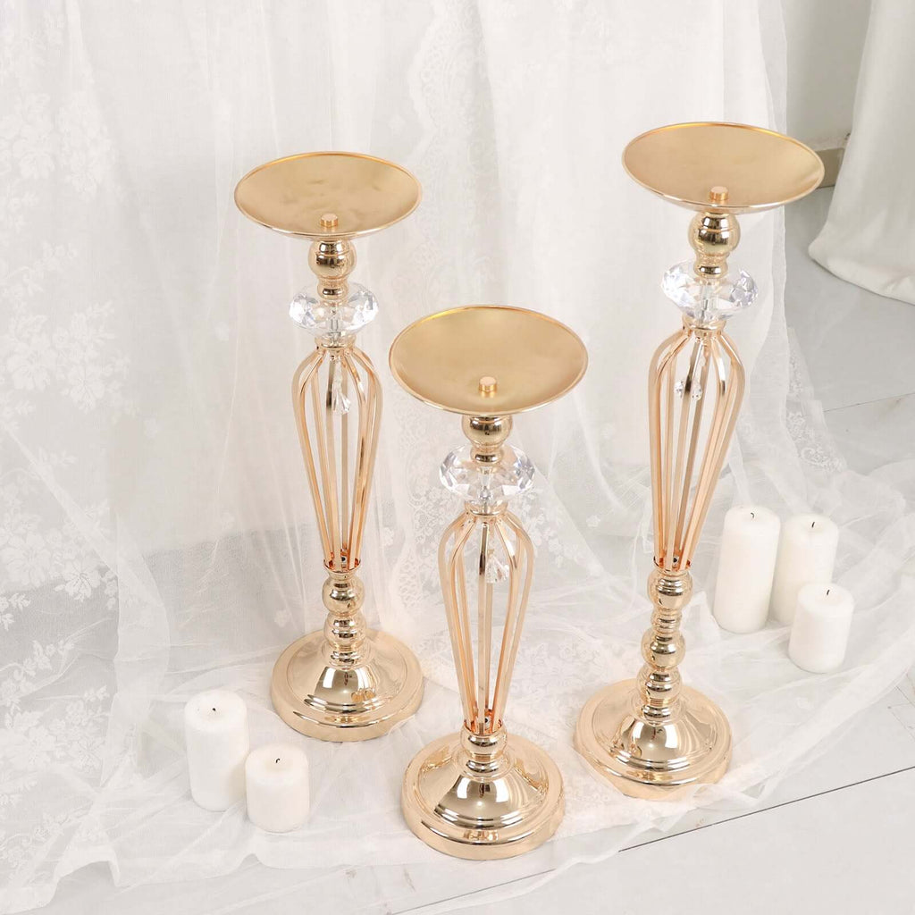 Set of 3 Metal Pedestal Stands with Crystal Ball Flower Bowl Design Gold - Pillar Candle Holders 20", 23", 25" - Bell Racket Store