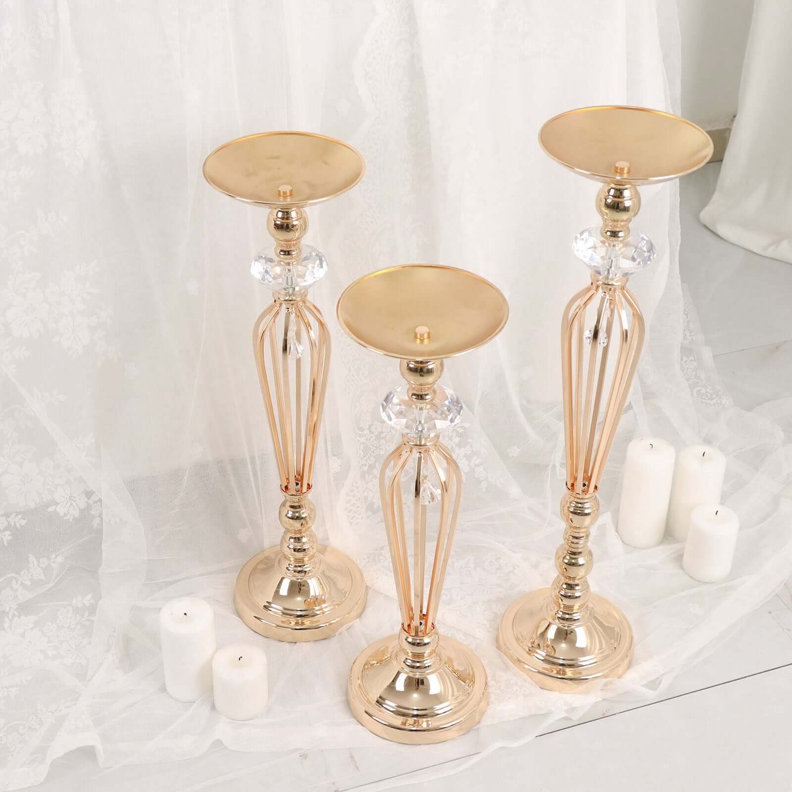 Set of 3 Metal Pedestal Stands with Crystal Ball Flower Bowl Design Gold - Pillar Candle Holders 20", 23", 25" - Bell Racket Store