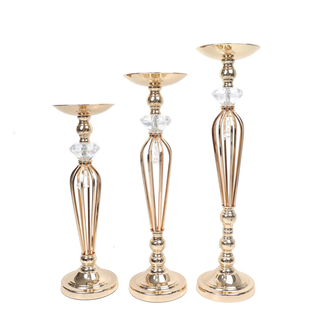 Set of 3 Metal Pedestal Stands with Crystal Ball Flower Bowl Design Gold - Pillar Candle Holders 20", 23", 25" - Bell Racket Store