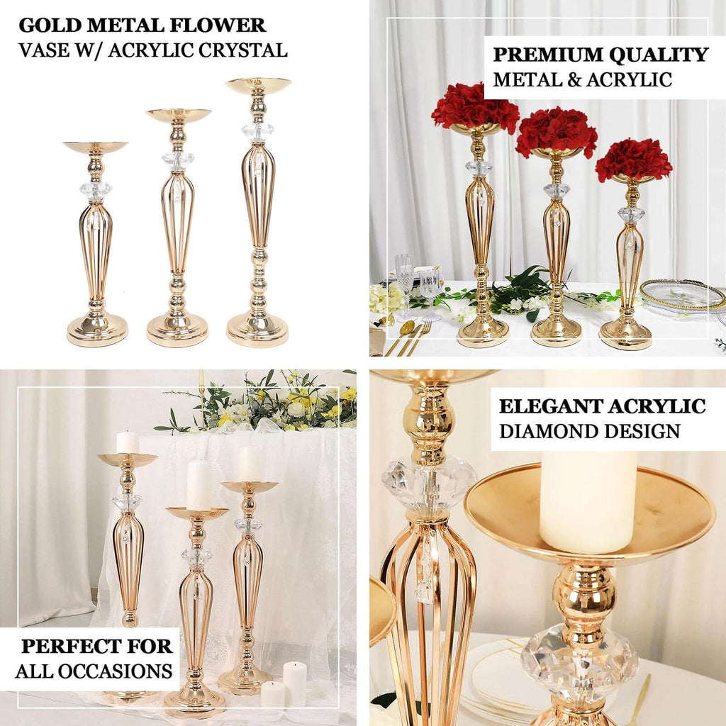 Set of 3 Metal Pedestal Stands with Crystal Ball Flower Bowl Design Gold - Pillar Candle Holders 20", 23", 25" - Bell Racket Store
