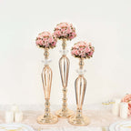 Set of 3 Metal Pedestal Stands with Crystal Ball Flower Bowl Design Gold - Pillar Candle Holders 20", 23", 25" - Bell Racket Store