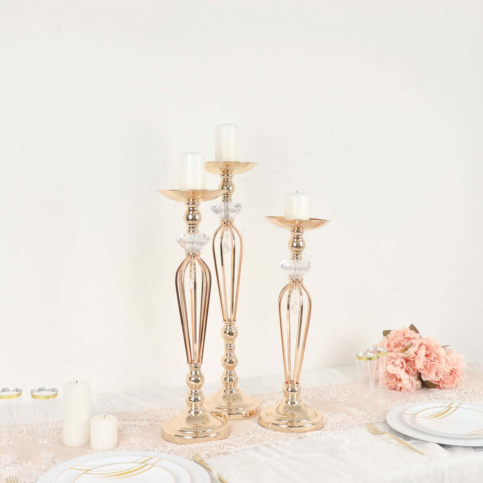 Set of 3 Metal Pedestal Stands with Crystal Ball Flower Bowl Design Gold - Pillar Candle Holders 20", 23", 25" - Bell Racket Store